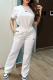 White Casual Letters Embroidered O Neck Short Sleeve Two Pieces