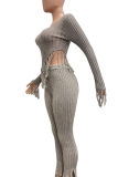 Grey Casual Solid Color Fringed Trim U Neck Long Sleeve Two Pieces