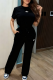 Black Casual Letters Embroidered O Neck Short Sleeve Two Pieces