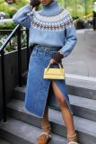 Light Blue Casual Stripe Contrast Turtleneck Tops