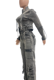 Dark Gray Casual Solid Color Zipper Turndown Collar Long Sleeve Two Pieces