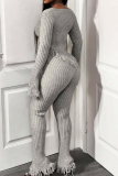 Grey Casual Solid Color Fringed Trim U Neck Long Sleeve Two Pieces