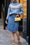 Light Blue Casual Stripe Contrast Turtleneck Tops