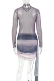 Black Gray Sexy Gradient Ruched O Neck Wrapped Skirt Dresses