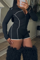 Black Casual Solid Color Zipper Turndown Collar Long Sleeve Two Pieces