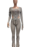 Grey Casual Solid Color Fringed Trim U Neck Long Sleeve Two Pieces