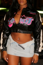 Black Casual Letters Contrast Zipper Collar Outerwear