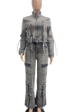 Dark Gray Casual Solid Color Zipper Turndown Collar Long Sleeve Two Pieces