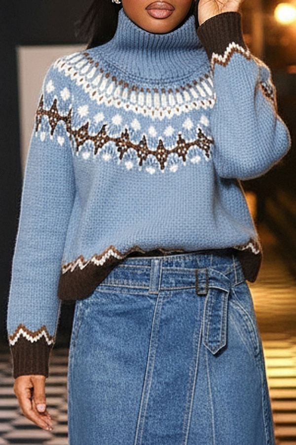 Light Blue Casual Stripe Contrast Turtleneck Tops