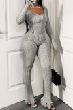 Grey Casual Solid Color Fringed Trim U Neck Long Sleeve Two Pieces