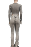 Grey Casual Solid Color Fringed Trim U Neck Long Sleeve Two Pieces