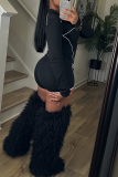 Black Casual Solid Color Zipper Turndown Collar Long Sleeve Two Pieces