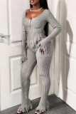 Grey Casual Solid Color Fringed Trim U Neck Long Sleeve Two Pieces