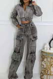 Dark Gray Casual Solid Color Zipper Turndown Collar Long Sleeve Two Pieces