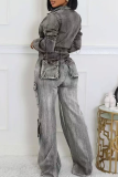 Dark Gray Casual Solid Color Zipper Turndown Collar Long Sleeve Two Pieces