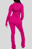 Rose Red Casual Solid Color Zipper Hooded Long Sleeve Two Pieces