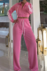 Pink Casual Solid Color Draw String Turndown Collar Long Sleeve Two Pieces