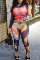 Colour Casual Print Patchwork O Neck Skinny Jumpsuits
