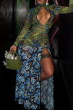 Green Sexy Print Hollow Out High Slit Mandarin Collar Long Dresses