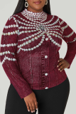 Burgundy Casual Print Contrast O Neck Plus Size Tops