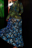 Green Sexy Print Hollow Out High Slit Mandarin Collar Long Dresses