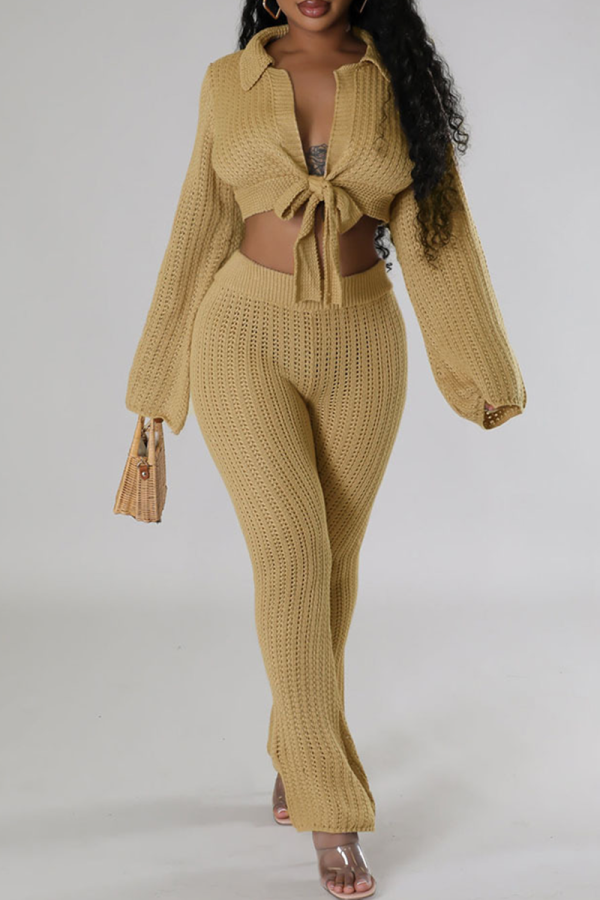 Apricot Casual Solid Color Strap Design Turndown Collar Long Sleeve Two Pieces