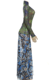 Green Sexy Print Hollow Out High Slit Mandarin Collar Long Dresses