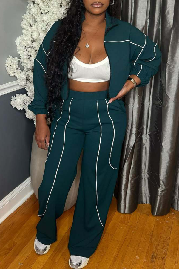 Green Casual Stripe Contrast Zipper Collar Long Sleeve Two Pieces