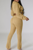 Apricot Casual Solid Color Strap Design Turndown Collar Long Sleeve Two Pieces