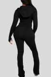 Rose Red Casual Solid Color Zipper Hooded Long Sleeve Two Pieces
