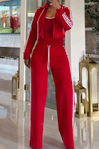 Red Casual Solid Color Draw String Turndown Collar Long Sleeve Two Pieces