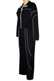 Coffee Casual Stripe Contrast Zipper Collar Long Sleeve Two Pieces