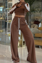 Coffee Casual Solid Color Draw String Turndown Collar Long Sleeve Two Pieces