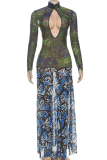 Green Sexy Print Hollow Out High Slit Mandarin Collar Long Dresses