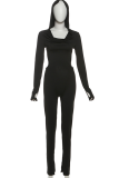 Black Sexy Solid Color Hollow Out Hooded Skinny Jumpsuits