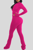 Rose Red Casual Solid Color Zipper Hooded Long Sleeve Two Pieces