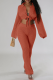 Tangerine Red Casual Solid Color Strap Design Turndown Collar Long Sleeve Two Pieces