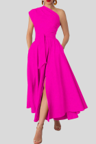 Rose Red Elegant Solid Color Pocket Backless Slit Oblique Collar Long Plus Size Dresses