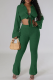 Green Casual Solid Color Strap Design Turndown Collar Long Sleeve Two Pieces