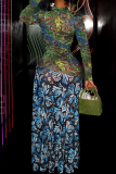 Green Sexy Print Hollow Out High Slit Mandarin Collar Long Dresses