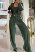 Army Green Casual Solid Color Draw String Turndown Collar Long Sleeve Two Pieces