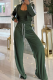 Army Green Casual Solid Color Draw String Turndown Collar Long Sleeve Two Pieces