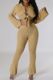Apricot Casual Solid Color Strap Design Turndown Collar Long Sleeve Two Pieces