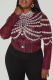 Burgundy Casual Print Contrast O Neck Plus Size Tops