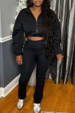 Black Casual Solid Color Zipper Turndown Collar Long Sleeve Two Pieces
