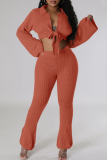 Apricot Casual Solid Color Strap Design Turndown Collar Long Sleeve Two Pieces