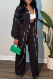 Coffee Casual Stripe Contrast Zipper Collar Long Sleeve Two Pieces