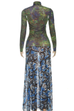 Green Sexy Print Hollow Out High Slit Mandarin Collar Long Dresses