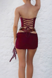 Burgundy Sexy Solid Color Cross Straps Strapless Sleeveless Two Pieces