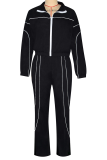 Coffee Casual Stripe Contrast Zipper Collar Long Sleeve Two Pieces